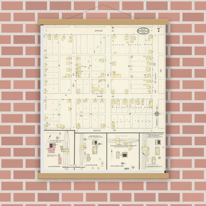Old map wall art mockup — magnetic wood frame on brick wall — Sanborn Fire Insurance Map from Byesville, Guernsey County, Ohio (1913), Sheet #0007