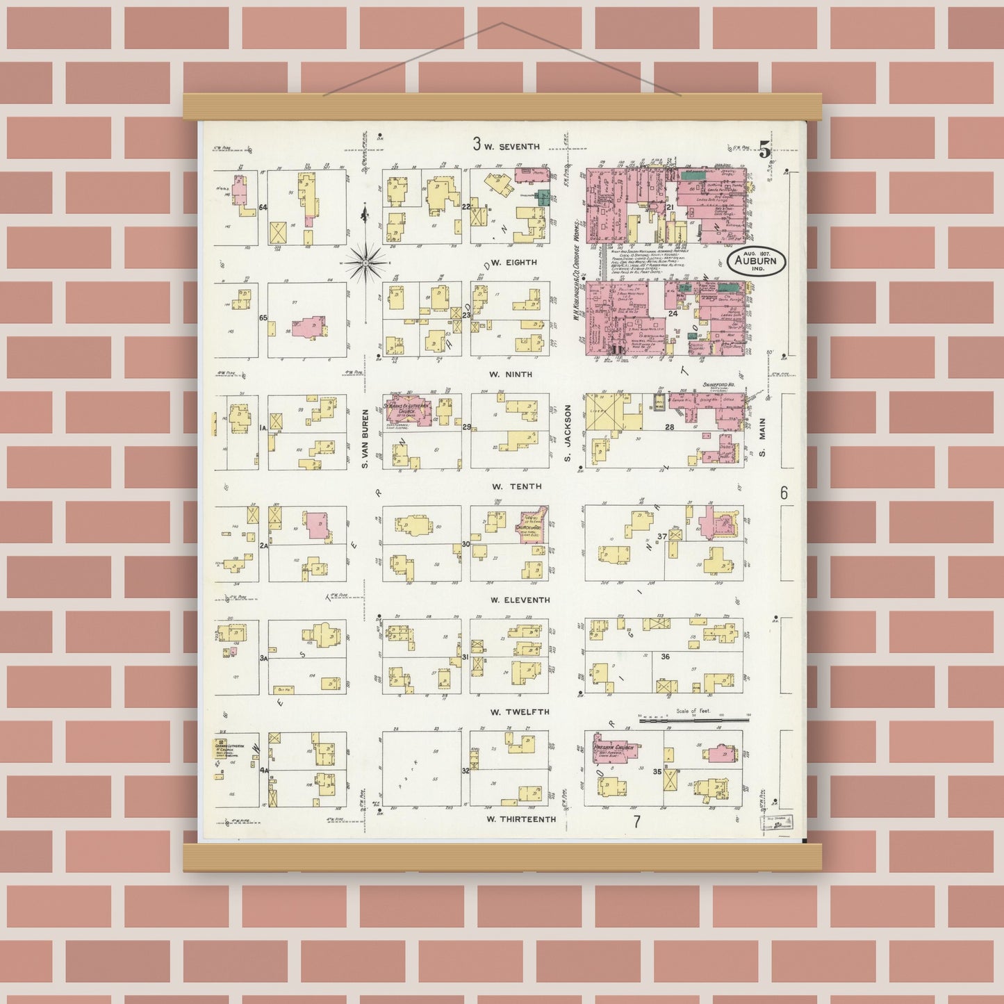Old map wall art mockup — magnetic wood frame on brick wall — Sanborn Fire Insurance Map from Auburn, De Kalb County, Indiana (1907), Sheet #0005