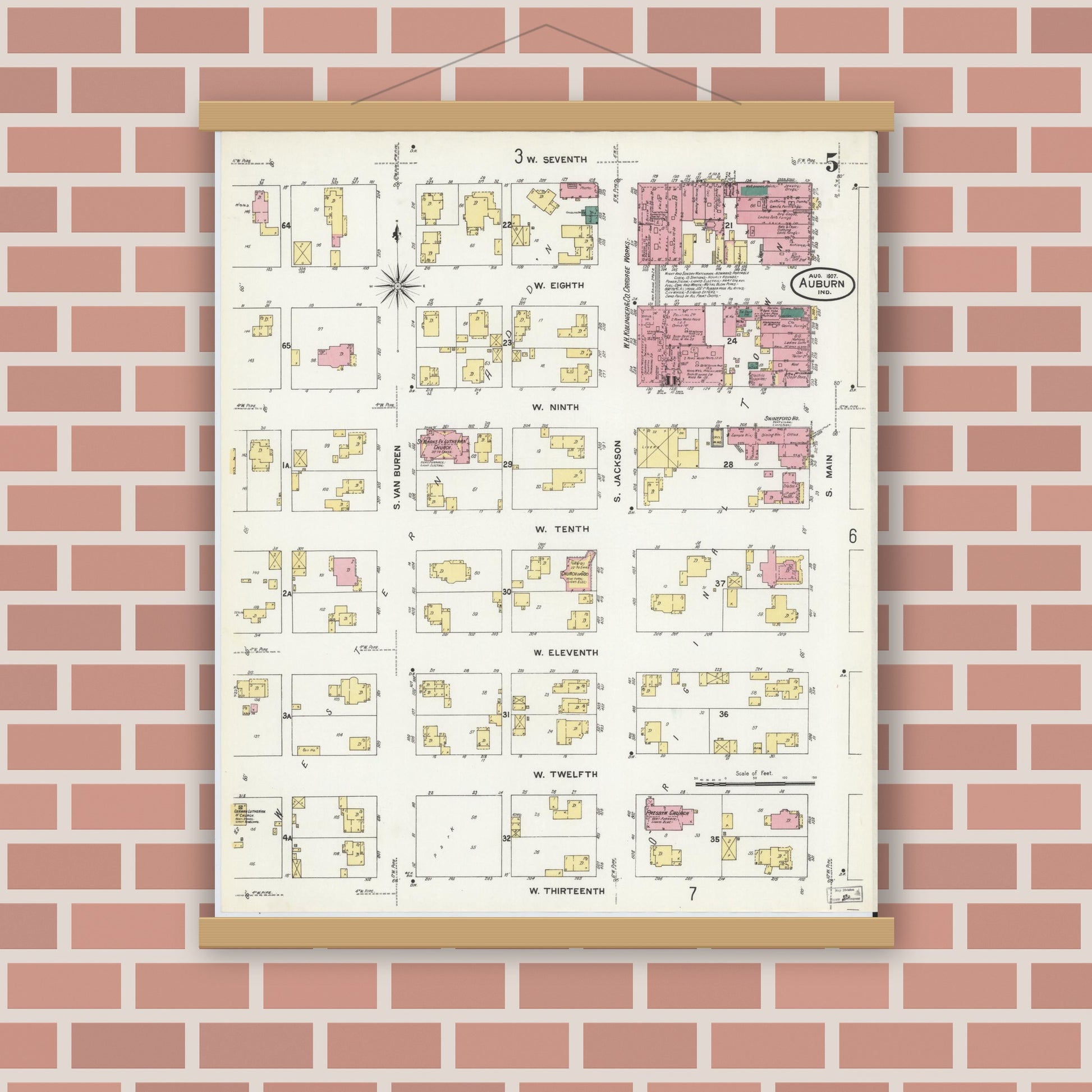 Old map wall art mockup — magnetic wood frame on brick wall — Sanborn Fire Insurance Map from Auburn, De Kalb County, Indiana (1907), Sheet #0005