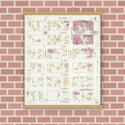 Old map wall art mockup — magnetic wood frame on brick wall — Sanborn Fire Insurance Map from Auburn, De Kalb County, Indiana (1907), Sheet #0005