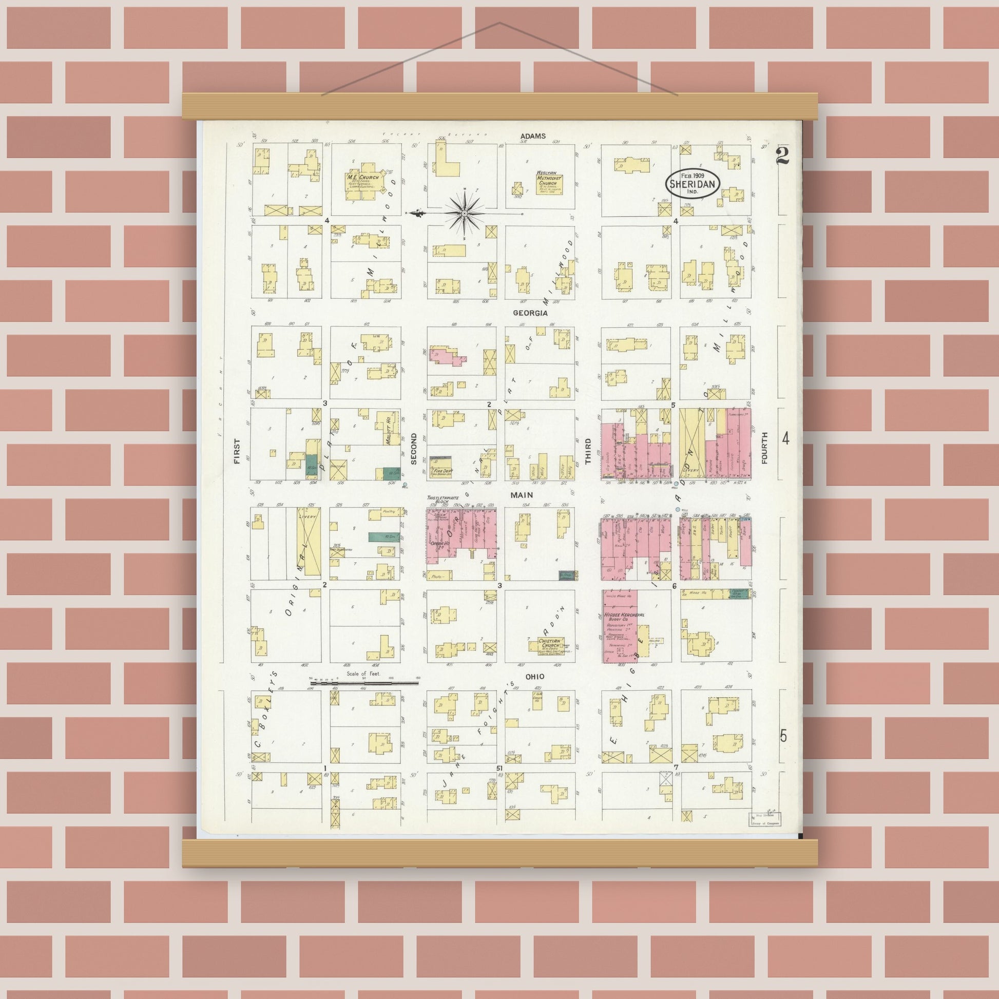 Old map wall art mockup — magnetic wood frame on brick wall — Sanborn Fire Insurance Map from Sheridan, Hamilton County, Indiana (1909), Sheet #0002