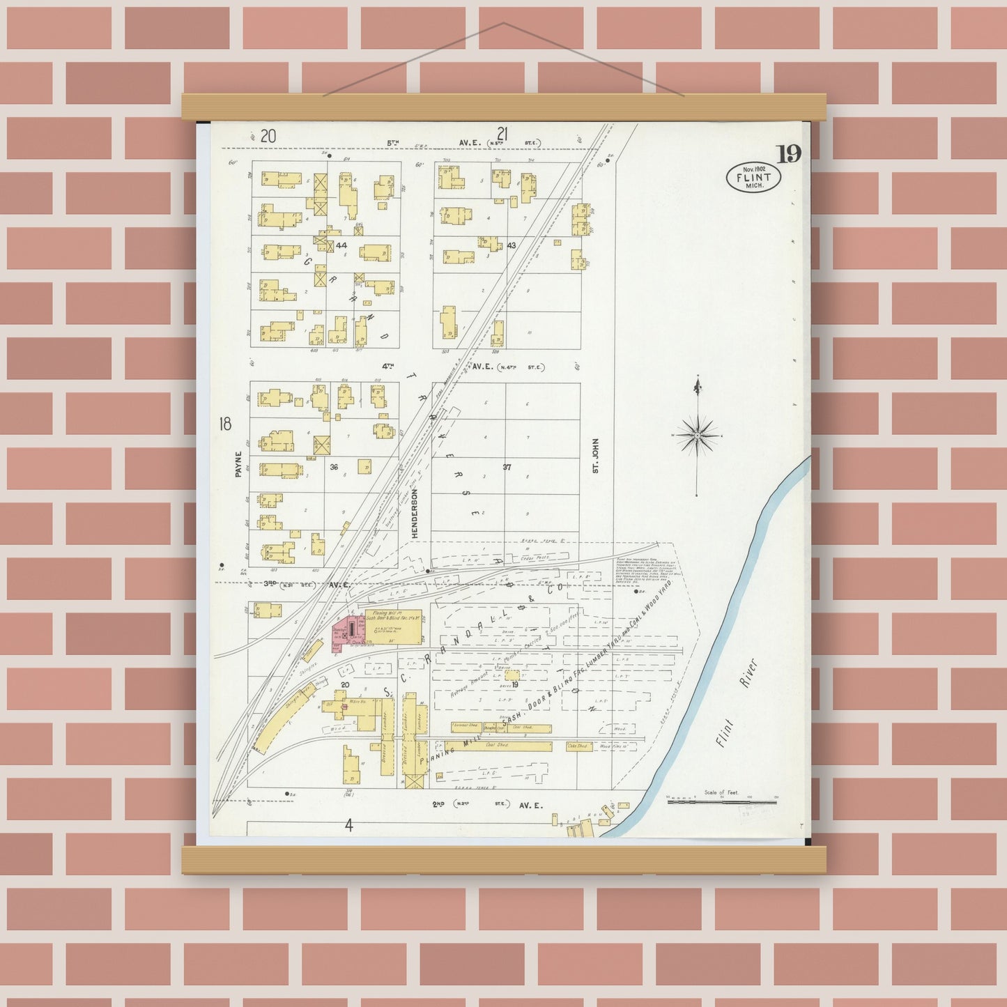 Old map wall art mockup — magnetic wood frame on brick wall — Sanborn Fire Insurance Map from Flint, Genesee County, Michigan (1902), Sheet #0019