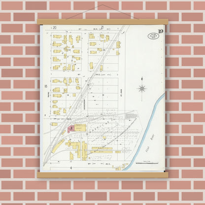 Old map wall art mockup — magnetic wood frame on brick wall — Sanborn Fire Insurance Map from Flint, Genesee County, Michigan (1902), Sheet #0019