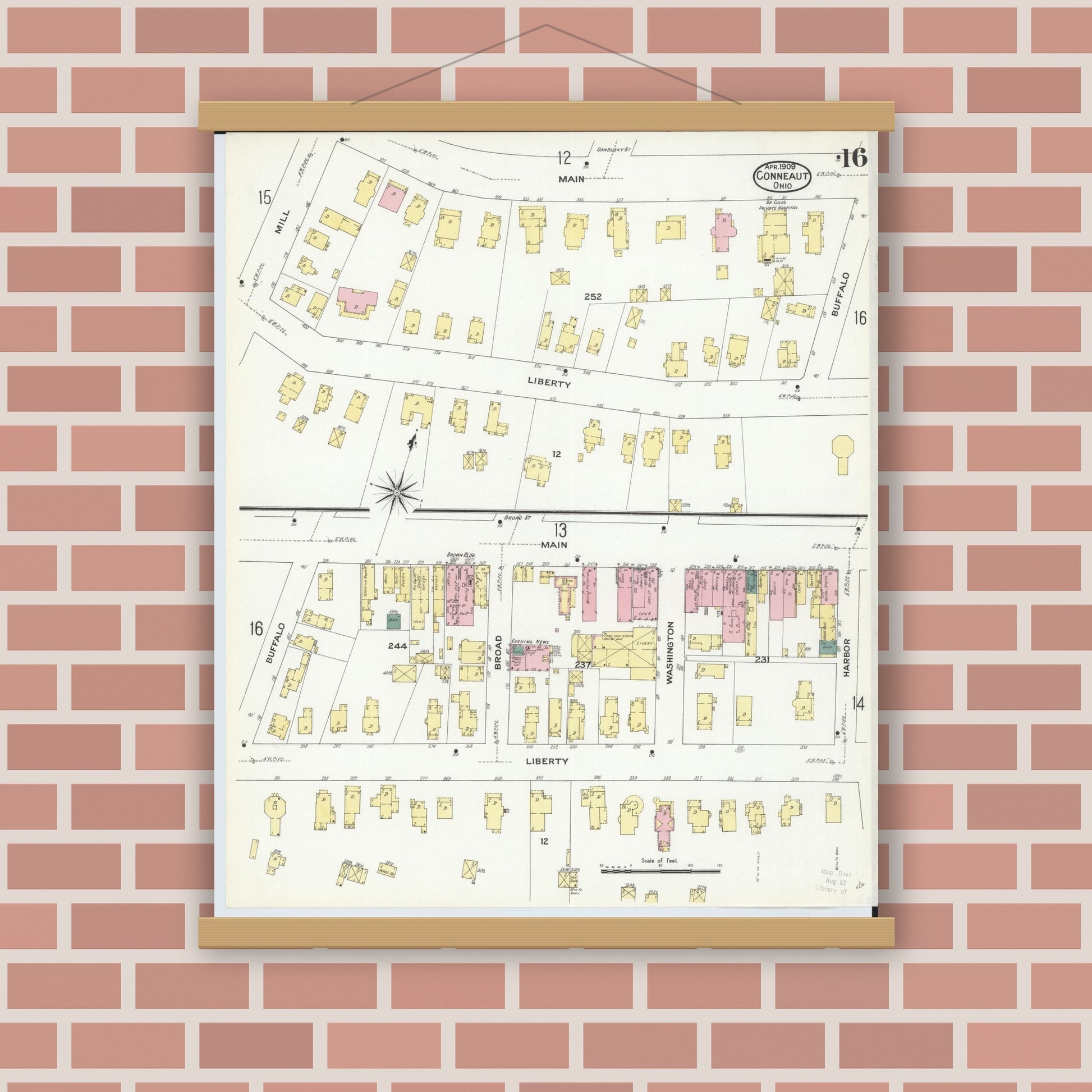 Old map wall art mockup — magnetic wood frame on brick wall — Sanborn Fire Insurance Map from Conneaut, Ashtabula County, Ohio (1909), Sheet #0016