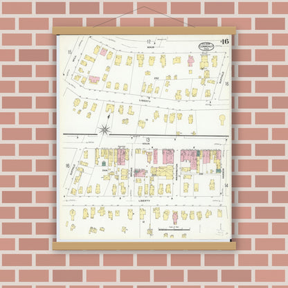 Old map wall art mockup — magnetic wood frame on brick wall — Sanborn Fire Insurance Map from Conneaut, Ashtabula County, Ohio (1909), Sheet #0016