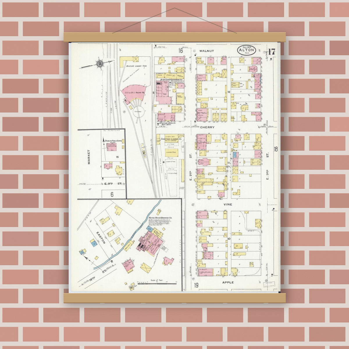 Old map wall art mockup — magnetic wood frame on brick wall — Sanborn Fire Insurance Map from Alton, Madison County, Illinois (1909), Sheet #0017