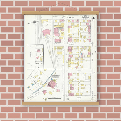 Old map wall art mockup — magnetic wood frame on brick wall — Sanborn Fire Insurance Map from Alton, Madison County, Illinois (1909), Sheet #0017