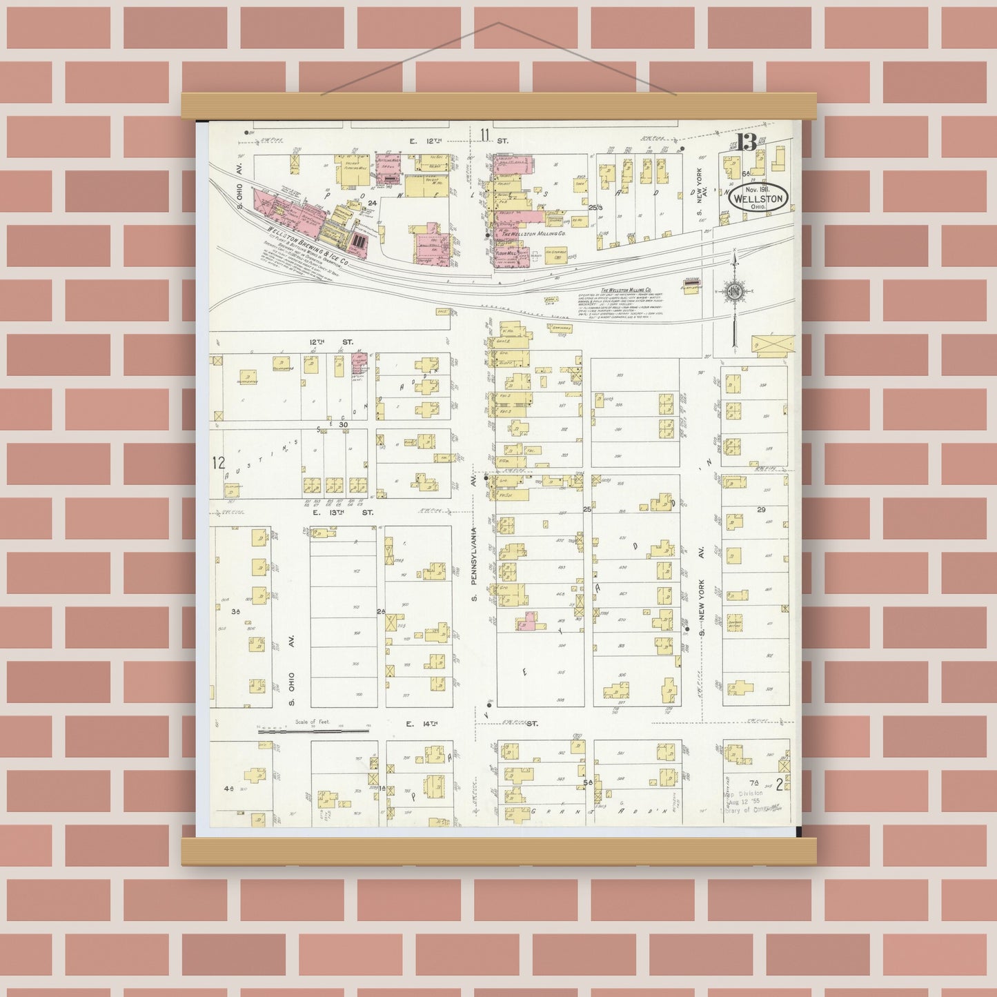 Old map wall art mockup — magnetic wood frame on brick wall — Sanborn Fire Insurance Map from Wellston, Jackson County, Ohio (1911), Sheet #0013