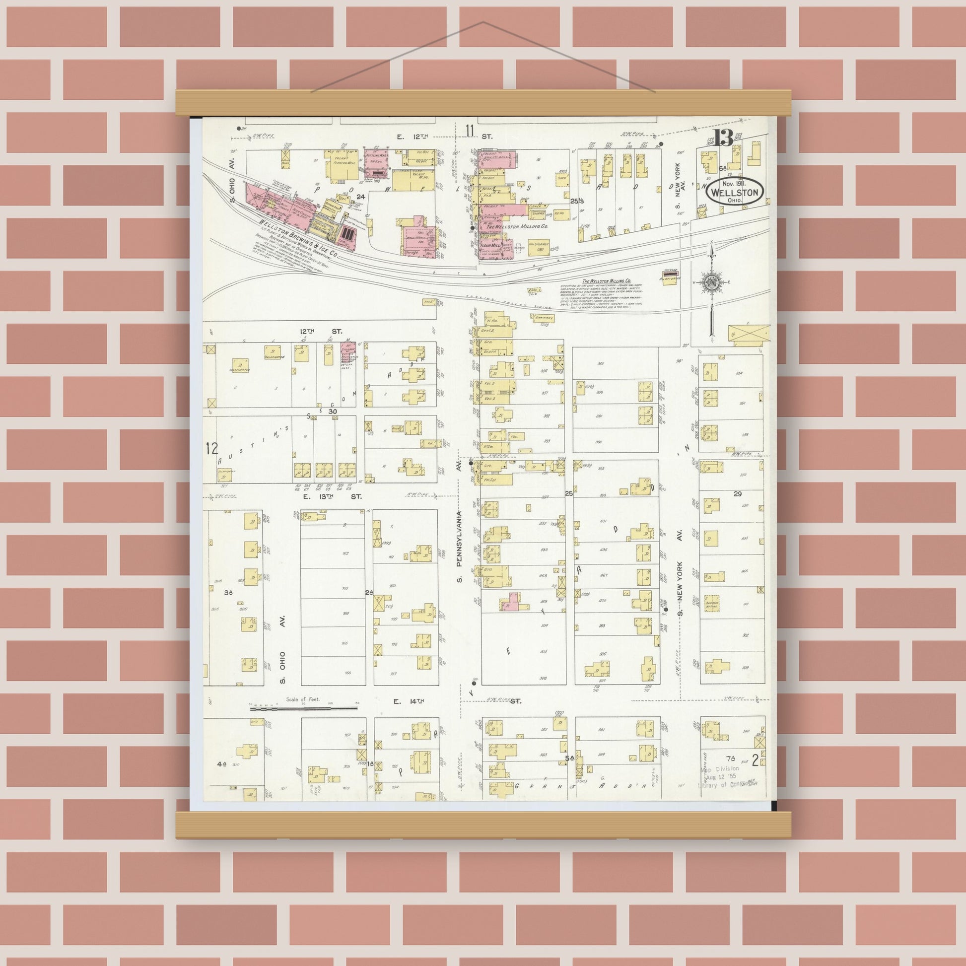 Old map wall art mockup — magnetic wood frame on brick wall — Sanborn Fire Insurance Map from Wellston, Jackson County, Ohio (1911), Sheet #0013