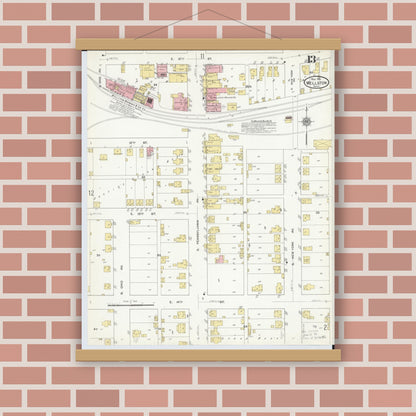 Old map wall art mockup — magnetic wood frame on brick wall — Sanborn Fire Insurance Map from Wellston, Jackson County, Ohio (1911), Sheet #0013