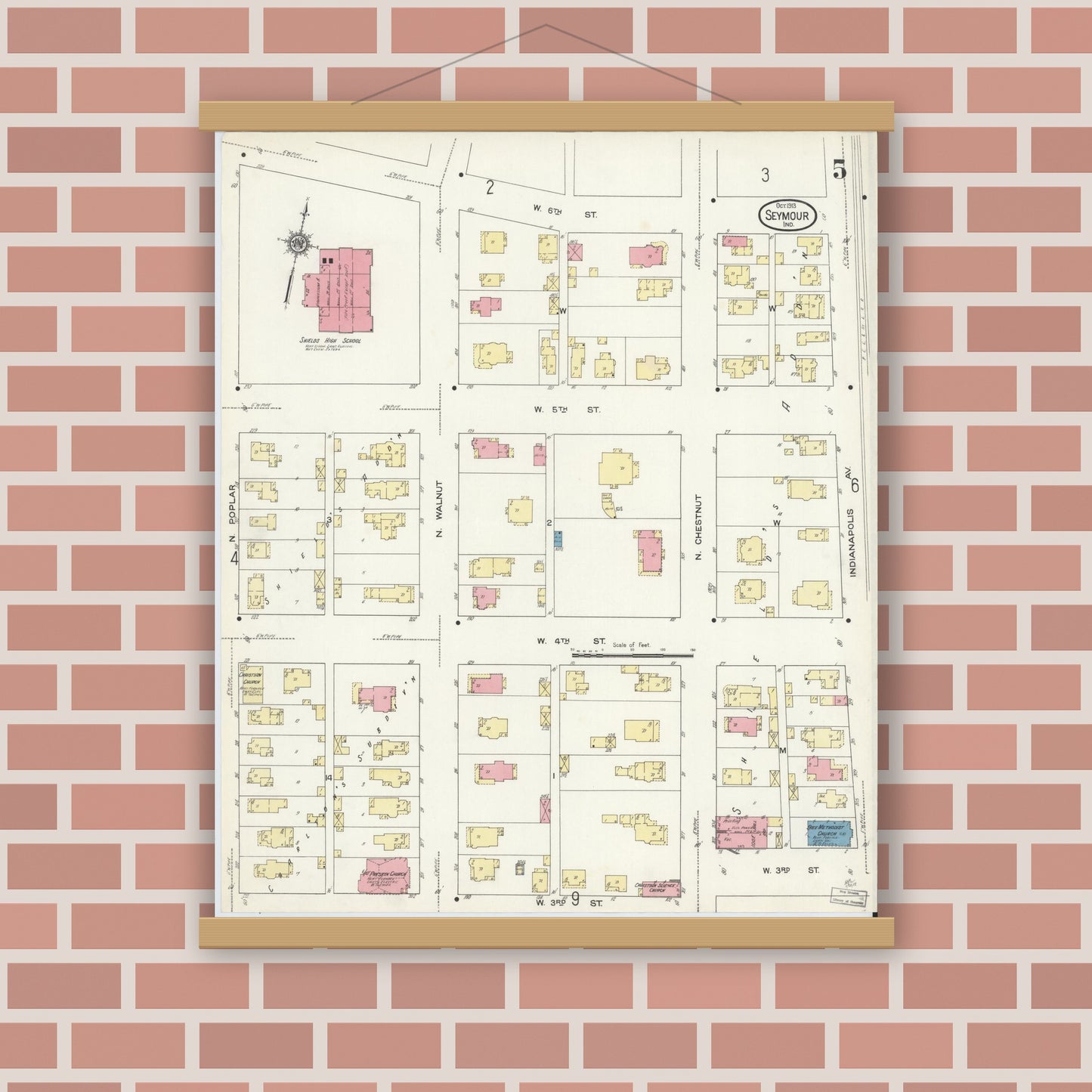 Old map wall art mockup — magnetic wood frame on brick wall — Sanborn Fire Insurance Map from Seymour, Jackson County, Indiana (1913), Sheet #0005