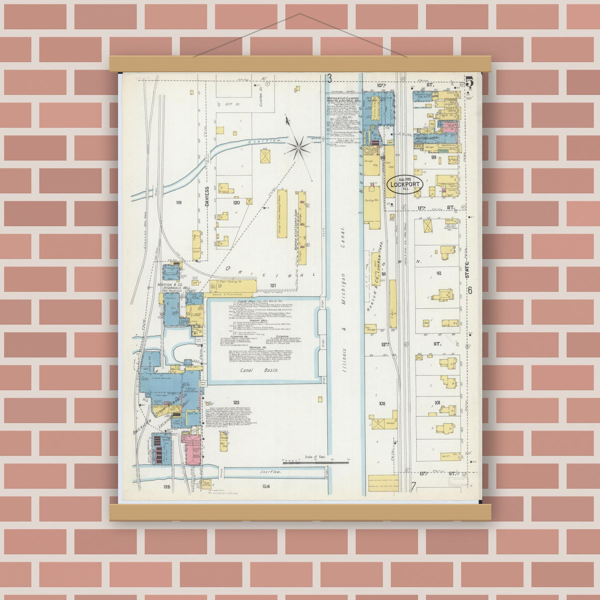 Old map wall art mockup — magnetic wood frame on brick wall — Sanborn Fire Insurance Map from Lockport, Will County, Illinois (1902), Sheet #0005