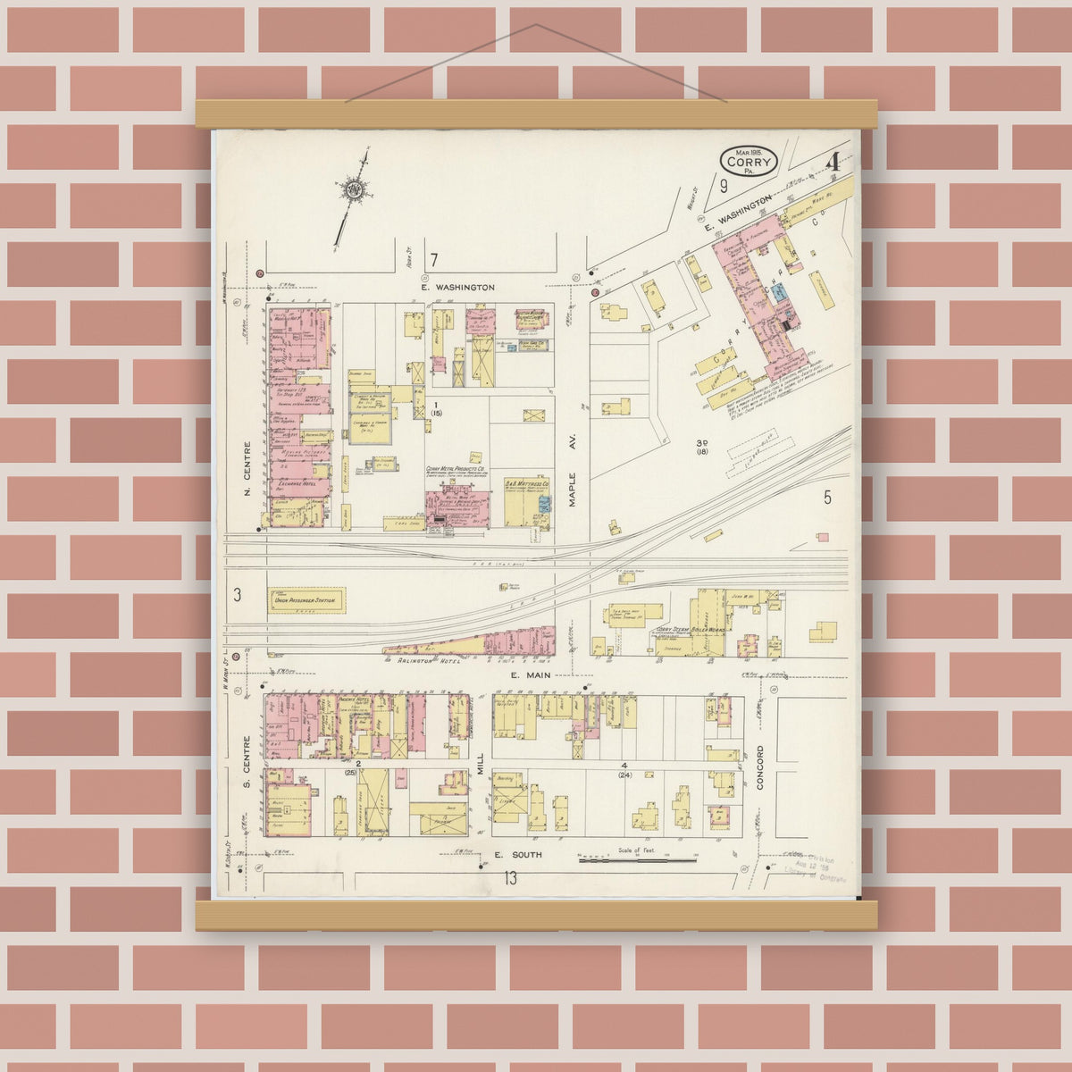 Old map wall art mockup — magnetic wood frame on brick wall — Sanborn Fire Insurance Map from Corry, Erie County, Pennsylvania (1915), Sheet #0004