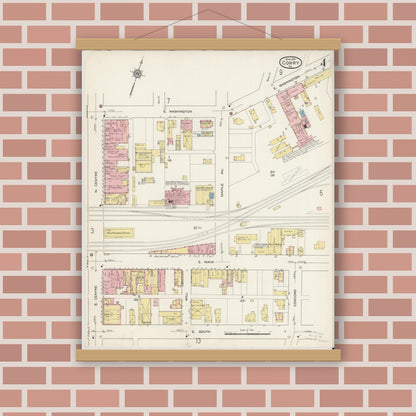 Old map wall art mockup — magnetic wood frame on brick wall — Sanborn Fire Insurance Map from Corry, Erie County, Pennsylvania (1915), Sheet #0004
