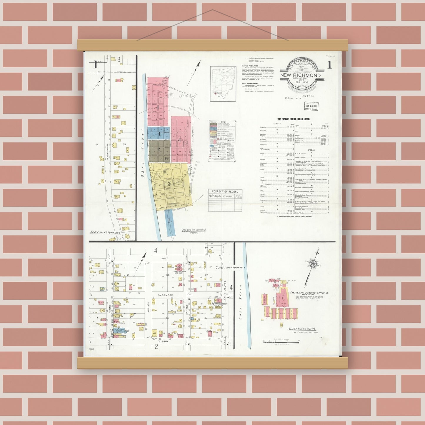 Old map wall art mockup — magnetic wood frame on brick wall — Sanborn Fire Insurance Map from New Richmond, Clermont County, Ohio (1933), Sheet #0001