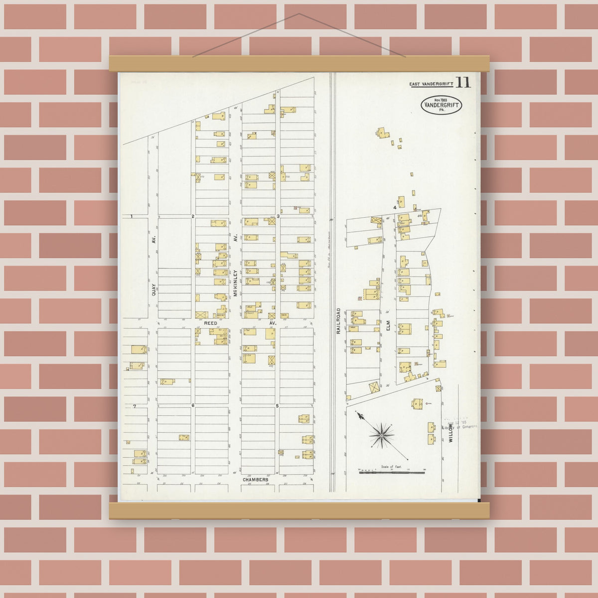 Old map wall art mockup — magnetic wood frame on brick wall — Sanborn Fire Insurance Map from Vandergrift, Westmoreland County, Pennsylvania (1903), Sheet #0011