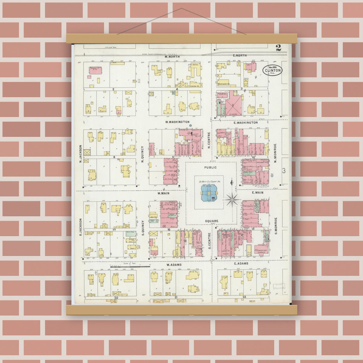 Old map wall art mockup — magnetic wood frame on brick wall — Sanborn Fire Insurance Map from Clinton, De Witt County, Illinois (1898), Sheet #0002