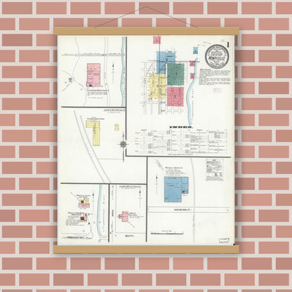 Old map wall art mockup — magnetic wood frame on brick wall — Sanborn Fire Insurance Map from Monticello, White County, Indiana (1909), Sheet #0001