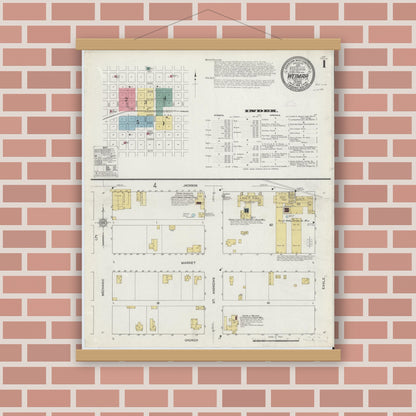 Old map wall art mockup — magnetic wood frame on brick wall — Sanborn Fire Insurance Map from Weimar, Colorado County, Texas (1912), Sheet #0001
