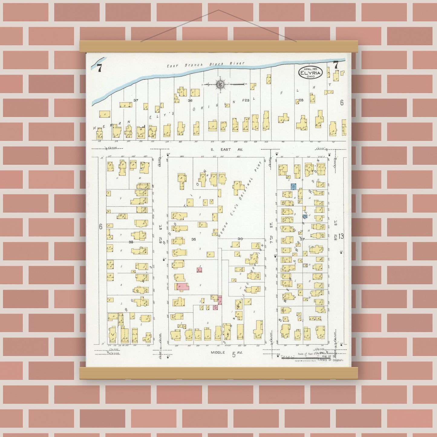 Old map wall art mockup — magnetic wood frame on brick wall — Sanborn Fire Insurance Map from Elyria, Lorain County, Ohio (1925), Sheet #0007