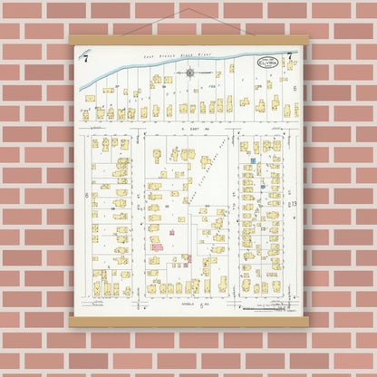 Old map wall art mockup — magnetic wood frame on brick wall — Sanborn Fire Insurance Map from Elyria, Lorain County, Ohio (1925), Sheet #0007
