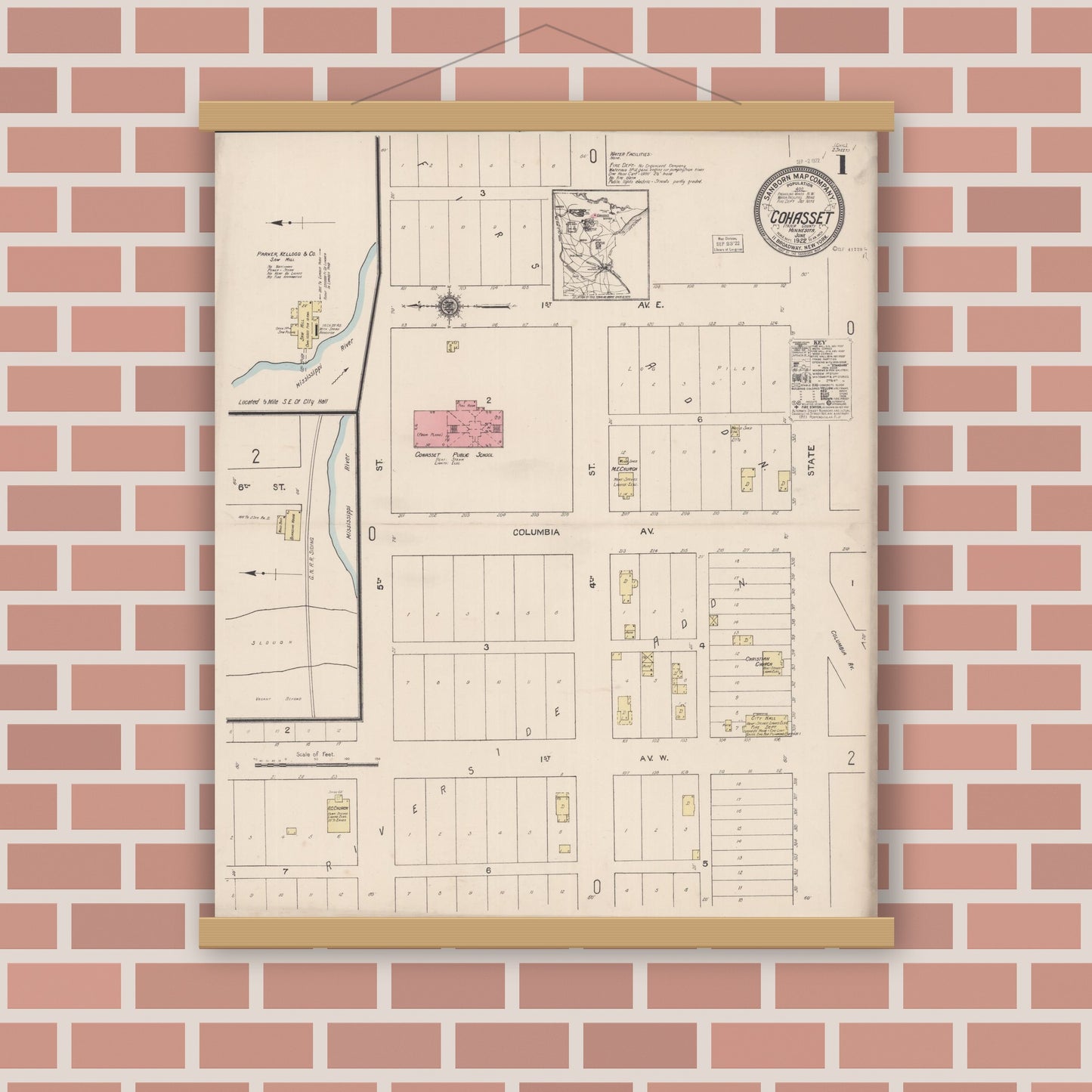 Old map wall art mockup — magnetic wood frame on brick wall — Sanborn Fire Insurance Map from Cohasset, Itasca County, Minnesota (1922) - Complete Map Set