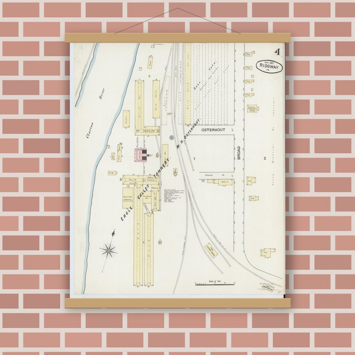Old map wall art mockup — magnetic wood frame on brick wall — Sanborn Fire Insurance Map from Ridgway, Elk County, Pennsylvania (1887), Sheet #0004