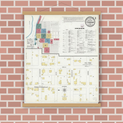 Old map wall art mockup — magnetic wood frame on brick wall — Sanborn Fire Insurance Map from Fernandina, Nassau County, Florida (1909), Sheet #0001