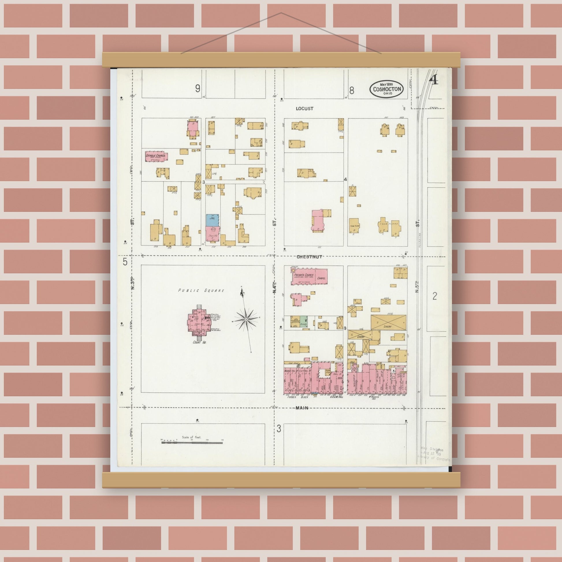 Old map wall art mockup — magnetic wood frame on brick wall — Sanborn Fire Insurance Map from Coshocton, Coshocton County, Ohio (1899), Sheet #0004