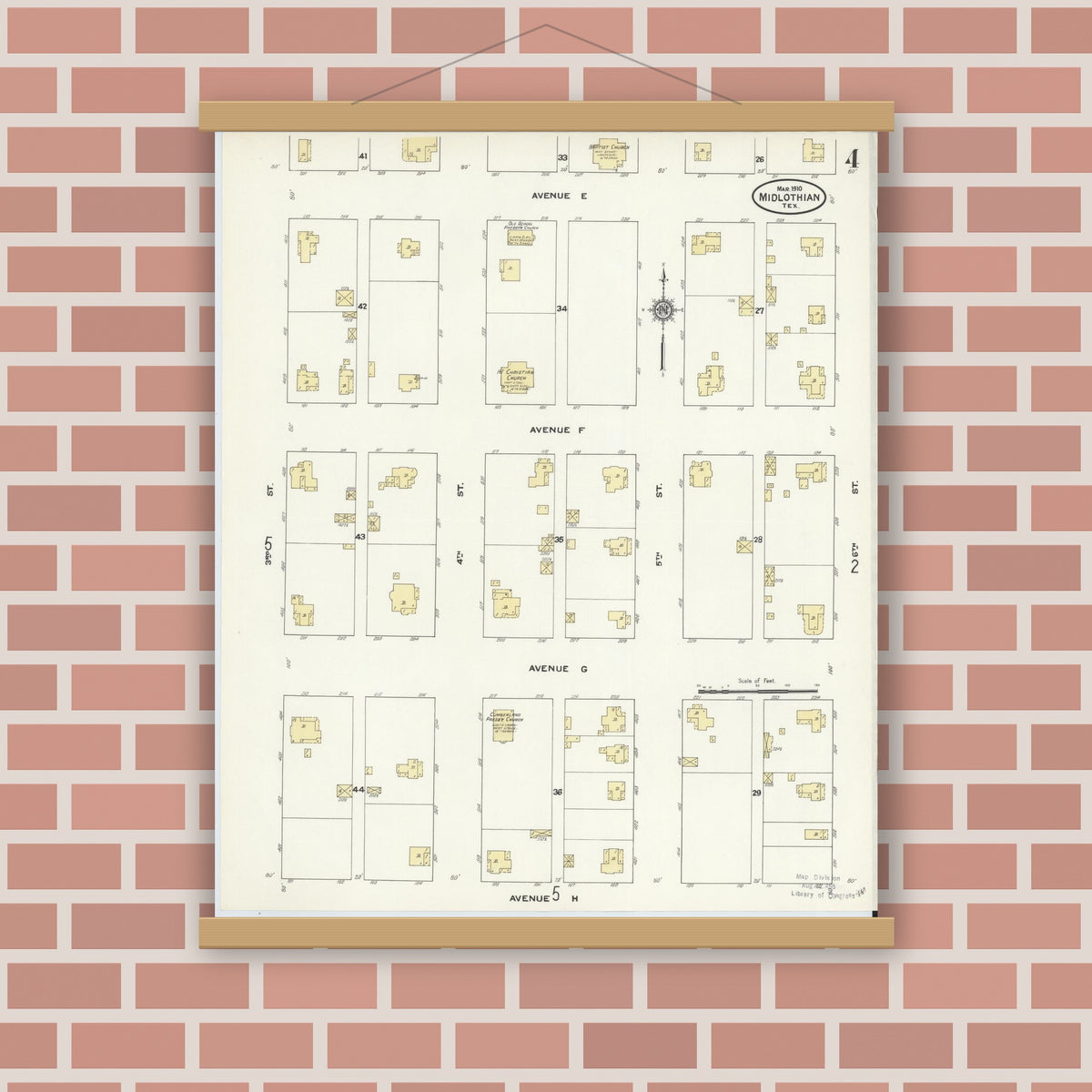 Old map wall art mockup — magnetic wood frame on brick wall — Sanborn Fire Insurance Map from Midlothian, Ellis County, Texas (1910), Sheet #0004