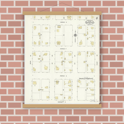 Old map wall art mockup — magnetic wood frame on brick wall — Sanborn Fire Insurance Map from Midlothian, Ellis County, Texas (1910), Sheet #0004