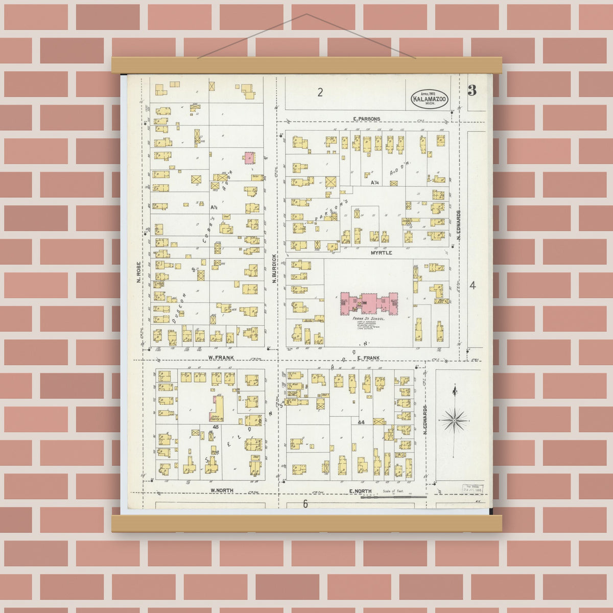 Old map wall art mockup — magnetic wood frame on brick wall — Sanborn Fire Insurance Map from Kalamazoo, Kalamazoo County, Michigan (1902), Sheet #0003