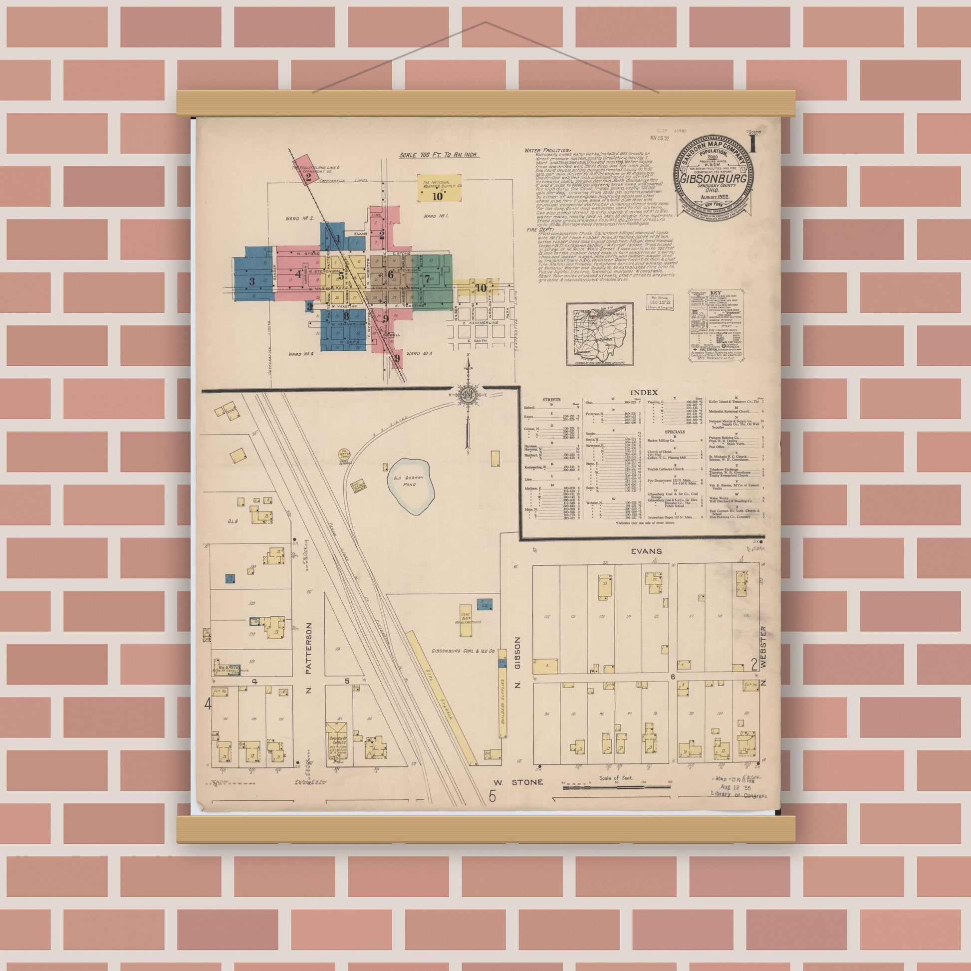 Old map wall art mockup — magnetic wood frame on brick wall — Sanborn Fire Insurance Map from Gibsonburg, Sandusky County, Ohio (1922), Sheet #0001