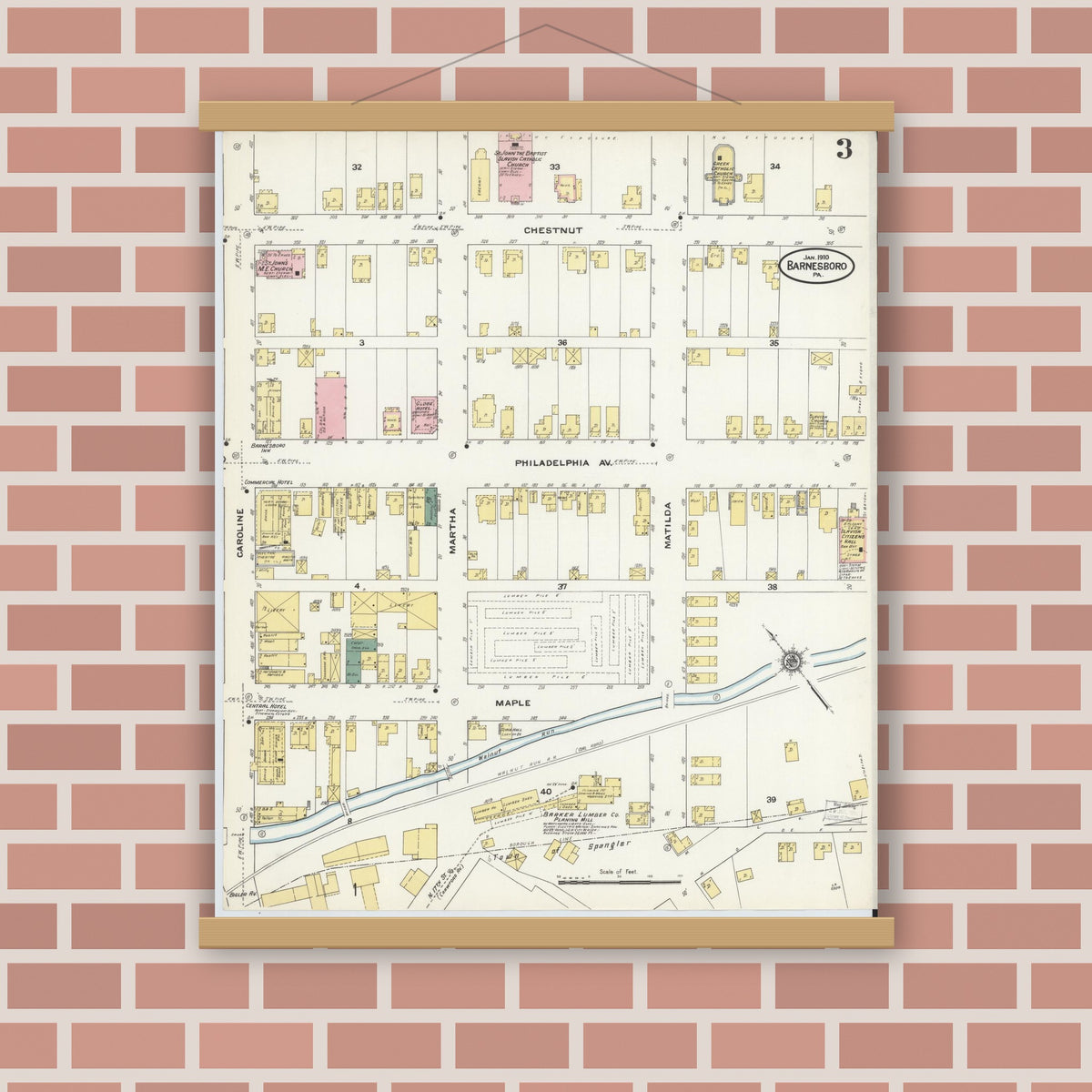 Old map wall art mockup — magnetic wood frame on brick wall — Sanborn Fire Insurance Map from Barnesboro, Cambria County, Pennsylvania (1910), Sheet #0003