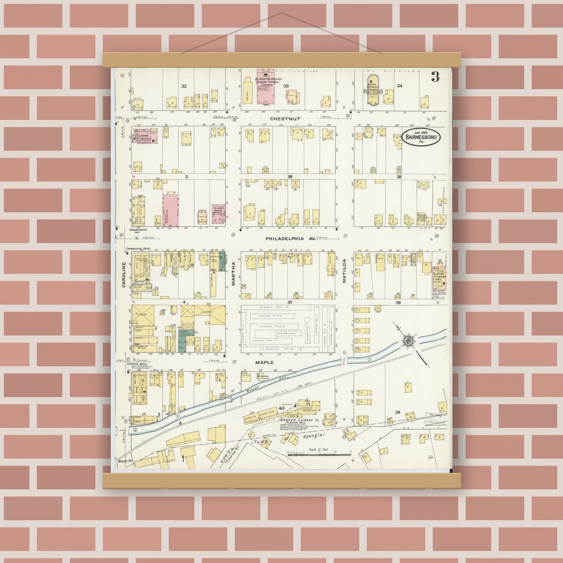 Old map wall art mockup — magnetic wood frame on brick wall — Sanborn Fire Insurance Map from Barnesboro, Cambria County, Pennsylvania (1910), Sheet #0003