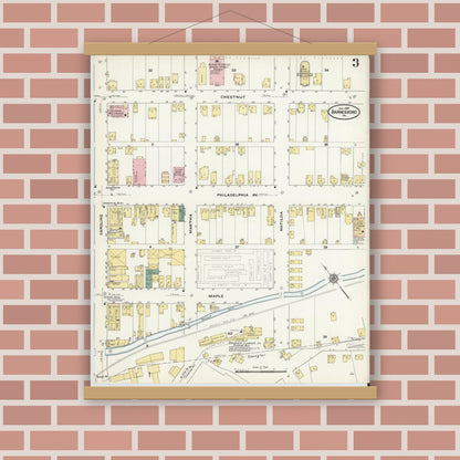 Old map wall art mockup — magnetic wood frame on brick wall — Sanborn Fire Insurance Map from Barnesboro, Cambria County, Pennsylvania (1910), Sheet #0003