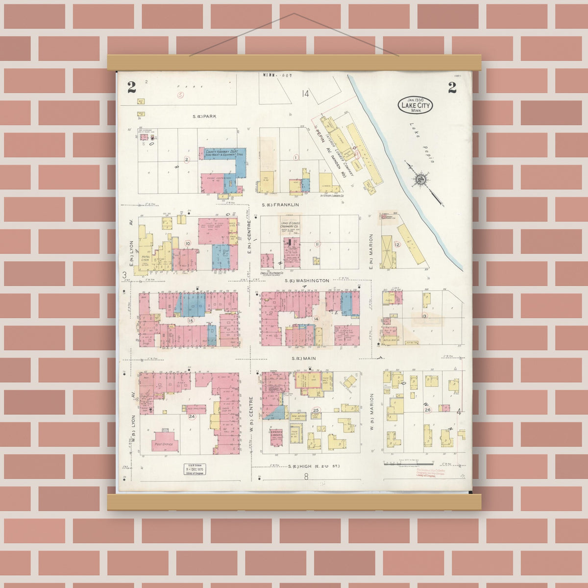 Old map wall art mockup — magnetic wood frame on brick wall — Sanborn Fire Insurance Map from Lake City, Wabasha County, Minnesota (1938), Sheet #0002