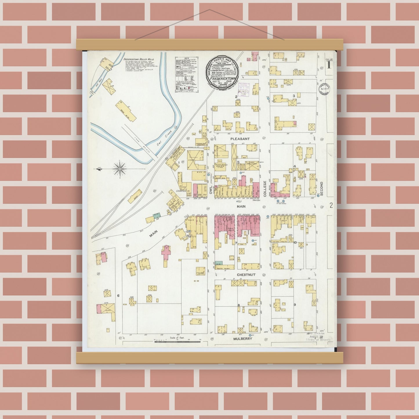 Old map wall art mockup — magnetic wood frame on brick wall — Sanborn Fire Insurance Map from Fredericktown, Knox County, Ohio (1901), Sheet #0001