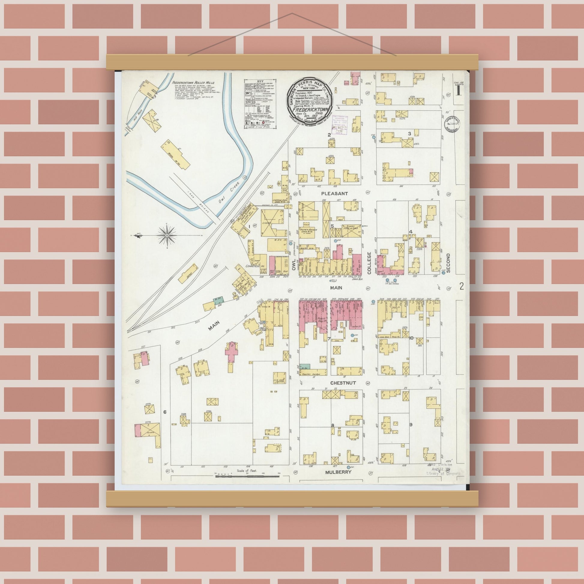 Old map wall art mockup — magnetic wood frame on brick wall — Sanborn Fire Insurance Map from Fredericktown, Knox County, Ohio (1901), Sheet #0001