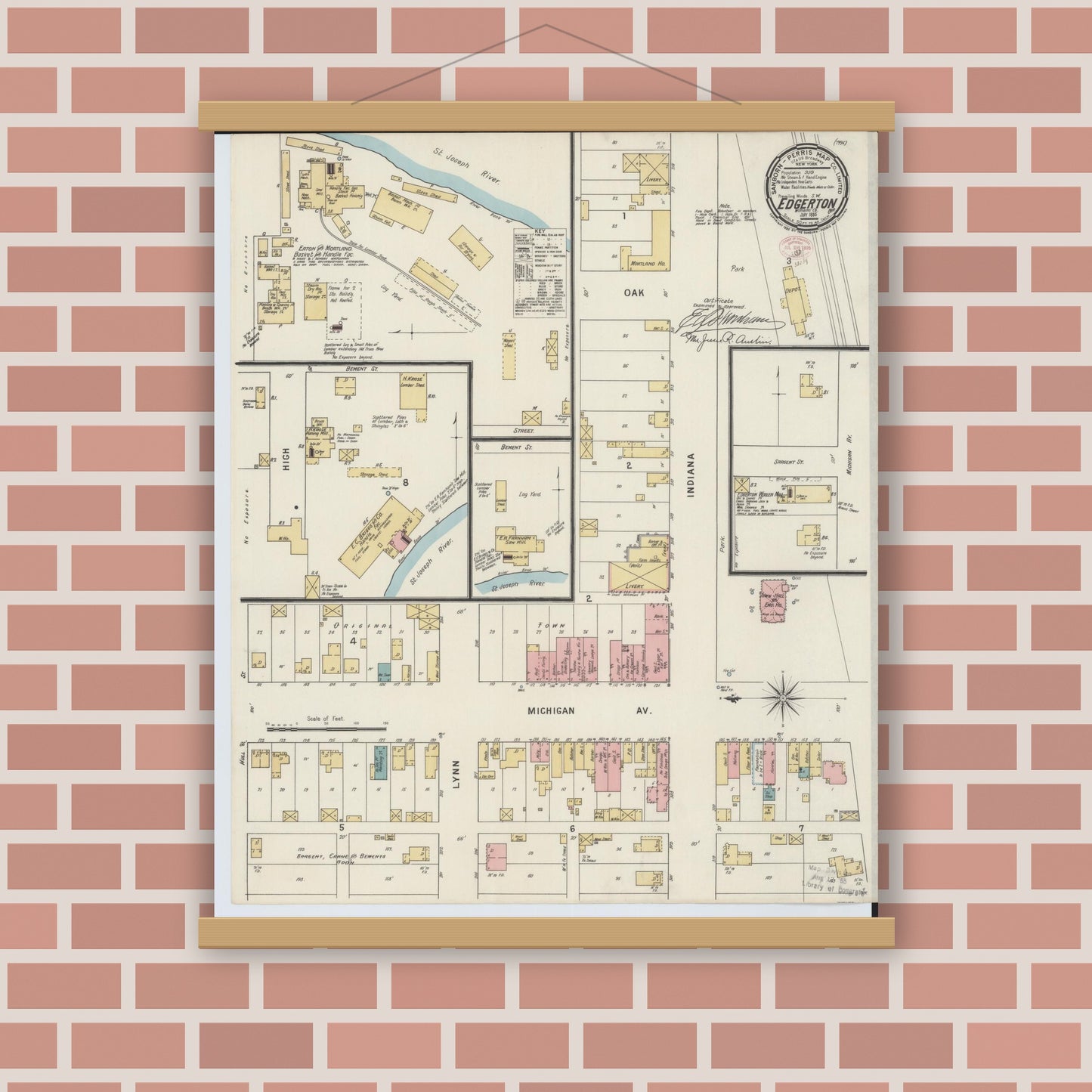 Old map wall art mockup — magnetic wood frame on brick wall — Sanborn Fire Insurance Map from Edgerton, Williams County, Ohio (1895), Sheet #0001
