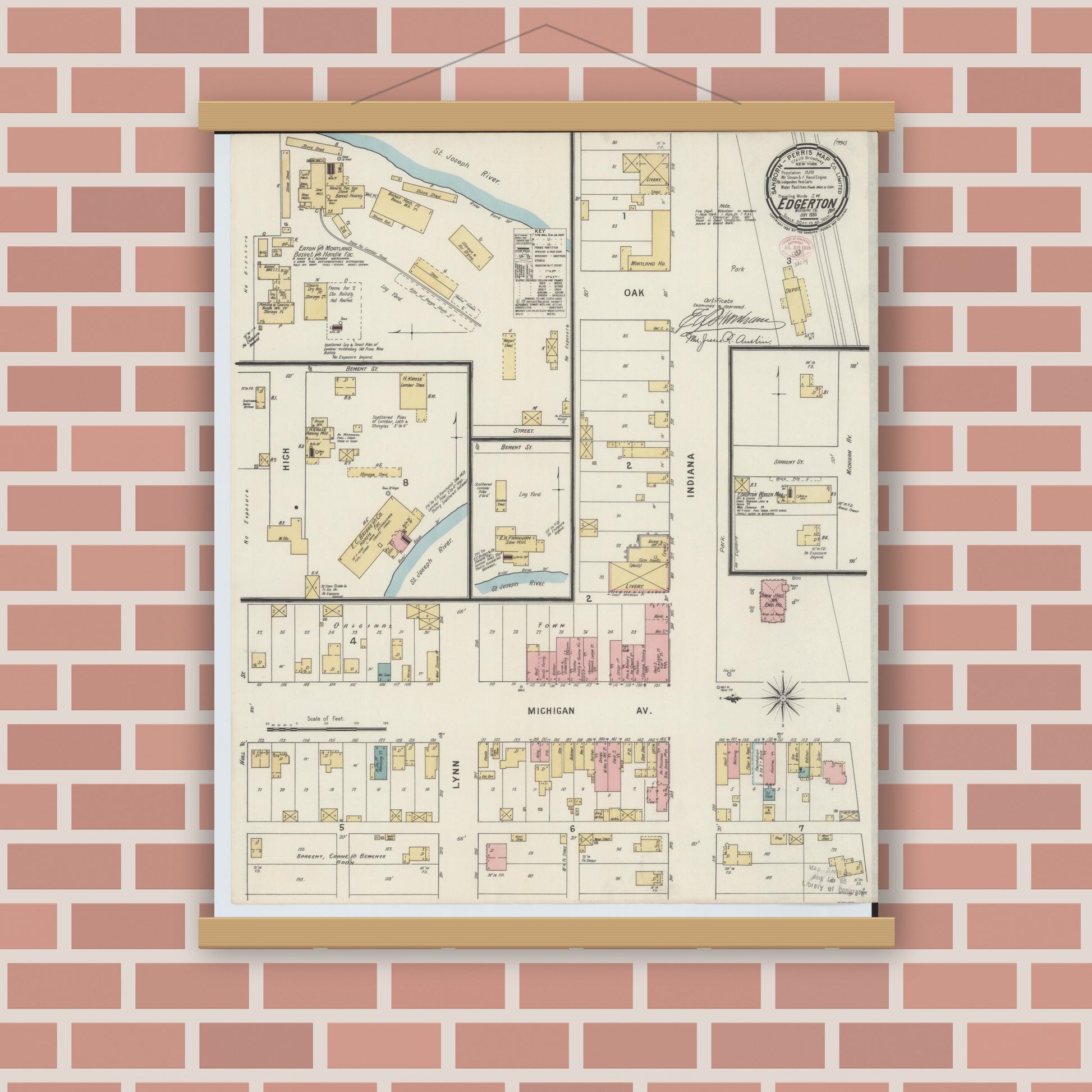 Old map wall art mockup — magnetic wood frame on brick wall — Sanborn Fire Insurance Map from Edgerton, Williams County, Ohio (1895), Sheet #0001