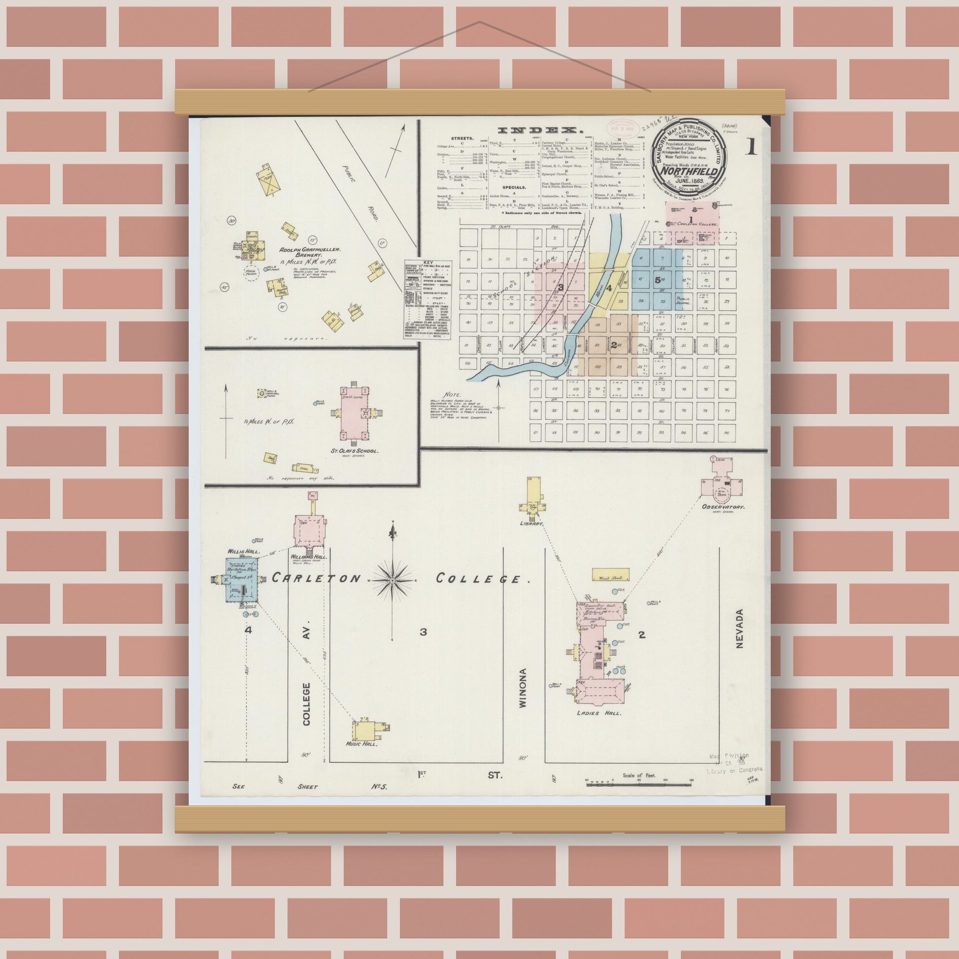 Old map wall art mockup — magnetic wood frame on brick wall — Sanborn Fire Insurance Map from Northfield, Rice County, Minnesota (1889) - Complete Map Set