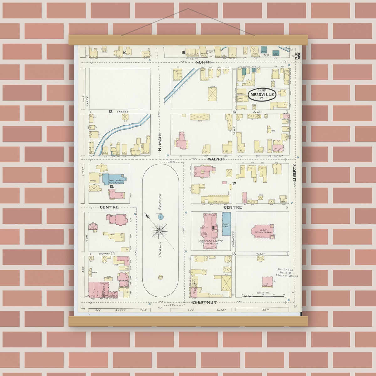 Old map wall art mockup — magnetic wood frame on brick wall — Sanborn Fire Insurance Map from Meadville, Crawford County, Pennsylvania (1891), Sheet #0003