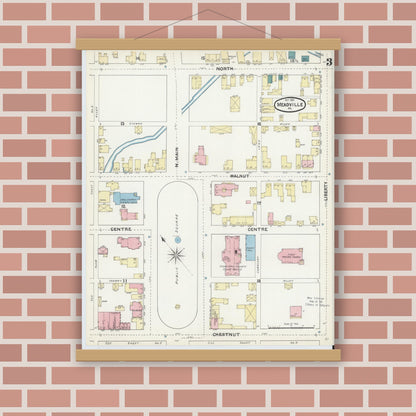 Old map wall art mockup — magnetic wood frame on brick wall — Sanborn Fire Insurance Map from Meadville, Crawford County, Pennsylvania (1891), Sheet #0003