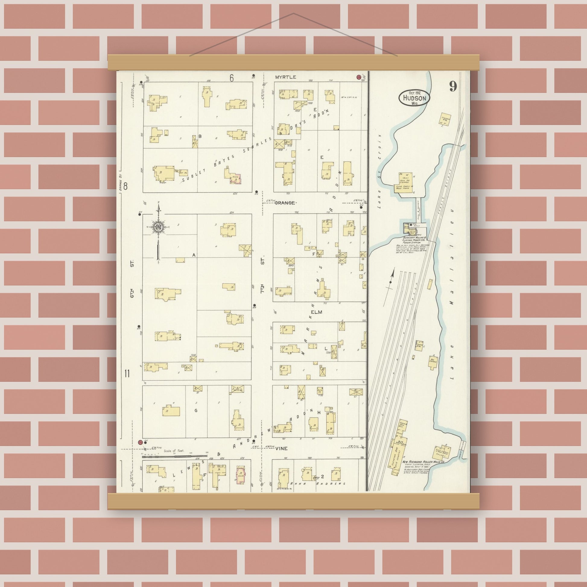 Old map wall art mockup — magnetic wood frame on brick wall — Sanborn Fire Insurance Map from Hudson, St. Croix County, Wisconsin (1912), Sheet #0009