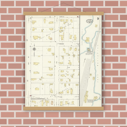 Old map wall art mockup — magnetic wood frame on brick wall — Sanborn Fire Insurance Map from Hudson, St. Croix County, Wisconsin (1912), Sheet #0009