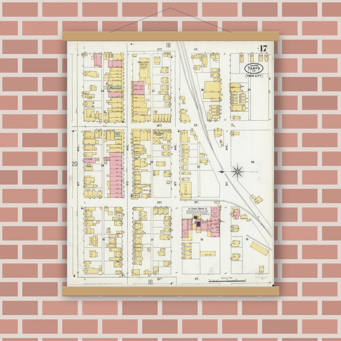 Old map wall art mockup — magnetic wood frame on brick wall — Sanborn Fire Insurance Map from Tampa, Hillsborough County, Florida (1899), Sheet #0017
