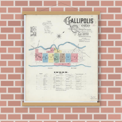 Old map wall art mockup — magnetic wood frame on brick wall — Sanborn Fire Insurance Map from Gallipolis, Gallia County, Ohio (1890) - Complete Map Set