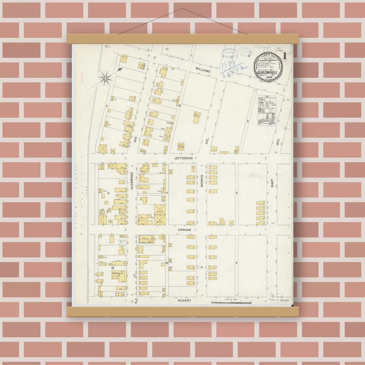 Old map wall art mockup — magnetic wood frame on brick wall — Sanborn Fire Insurance Map from Glen Campbell, Indiana County, Pennsylvania (1898), Sheet #0001