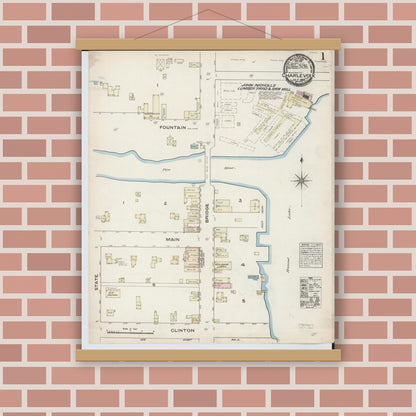 Old map wall art mockup — magnetic wood frame on brick wall — Sanborn Fire Insurance Map from Charlevoix, Charlevoix County, Michigan (1884) - Complete Map Set